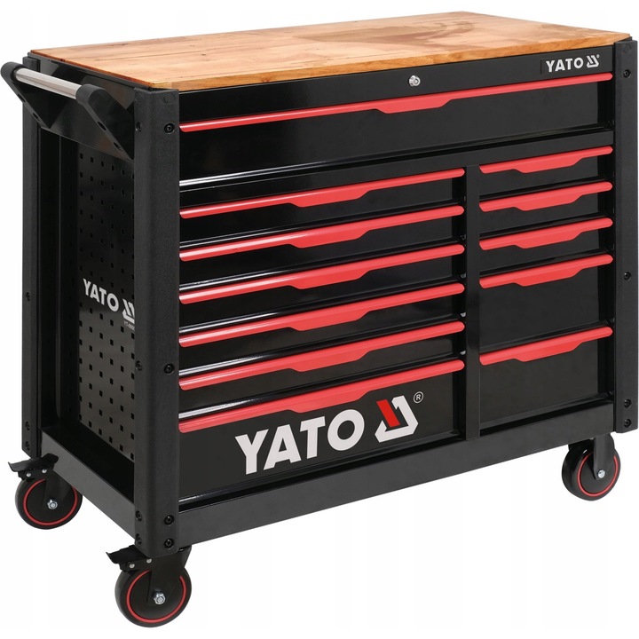 Yato szerszámos kocsi, 12 fiókos, fém, gumifa munkalap, 1125x1000x480 mm, kerekekkel