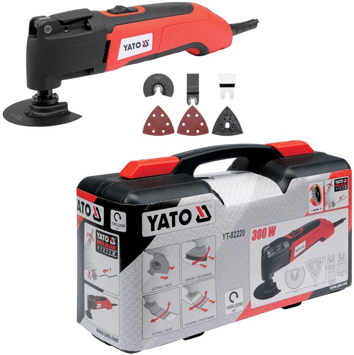 Yato YT-82220 multifunkciós oszcilláló szerszám, 300 W, fordulatszám szabályozás 15000-22000 RPM, Soft Start, szerszám nélküli tartozékcsere, alumínium ház, piros/fekete, 1 db