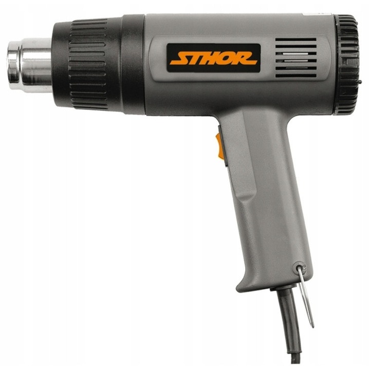 Sthor 79327 T79327 hőlégfúvó pisztoly, 1500W, hőmérséklet szabályozás 375/495°C, fúvókák és spakli mellékelve, ergonomikus fogantyú, szürke/fekete, 1 db