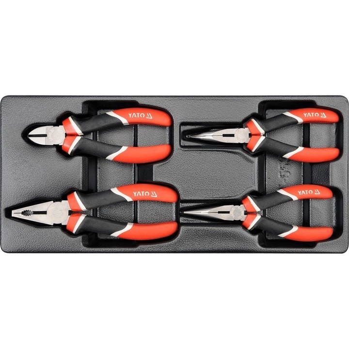Yato YT-5534 fogókészlet, króm-vanádium acélból (CrV), háromkomponensű csúszásmentes markolat, piros/fekete, 4 darab, 180/160 mm