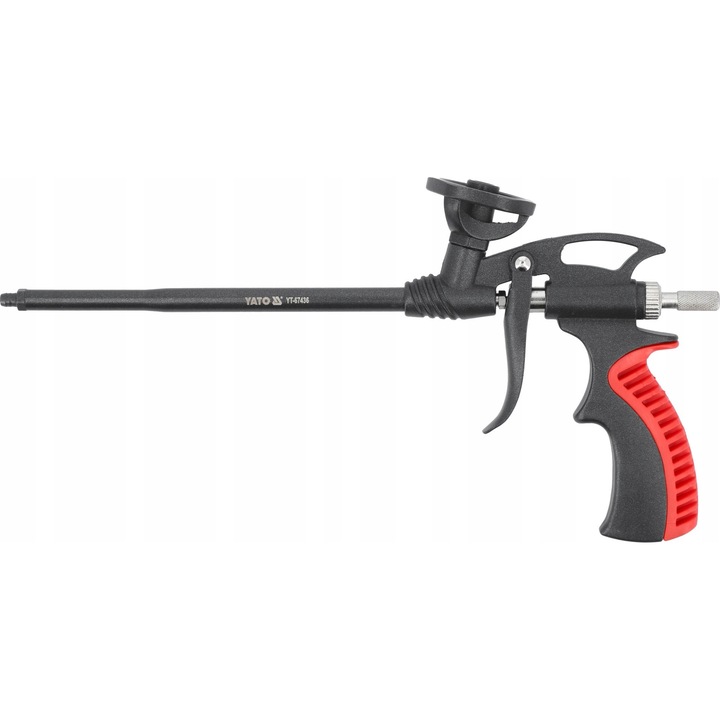 Pistol aplicare spuma poliuretanica Yato YT-67436, aluminiu, acoperit PTFE, cu surub de reglaj, lance 200 mm, lungime 350 mm, negru/rosu