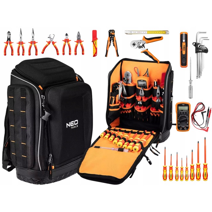 Rucsac electrician 31 elemente, NEO, 20 litri, 7 buzunare externe, 19 buzunare interne