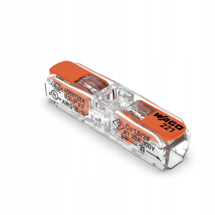 Conector rapid Wago 221-2411 Compact, borna instalare 2 poli, 0,2-4 mm², 32 A, pentru fire solide si flexibile, CAGE CLAMP, transparent, 60 buc