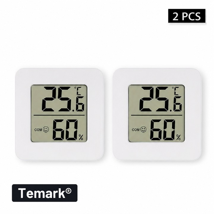 Set 2 termometre digitale de camera cu higrometru, afisaj LCD, masurare temperatura si umiditate interior, TMK-T0-W, Temark®