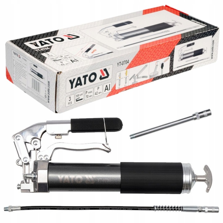 Ръчна помпа за гресиране Yato YT-0704, алуминий, работно налягане 42 MPa (макс. 70 MPa), 2 накрайника (твърд и гъвкав), черен/сребрист, 500 мл