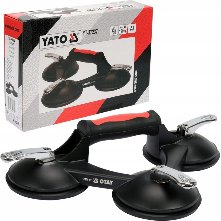 Suport cu ventuze Yato YT-37237, prindere pentru geamuri, placi si blaturi laminate, 3 ventuze O125 mm, corp din aluminiu, capacitate 190 kg, Negru, 1 buc