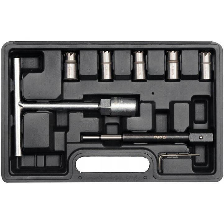 Set freze Yato YT-17625 pentru gniazde injectoare Common Rail, din otel CrMoV SKD11, 5 freze cu tija conducatoare, maner T si cheie hexagonala, dimensiuni 15x19, 17x17, 17x19, 120° 17x17, 120° 17x21 mm, Argintiu, 8 piese