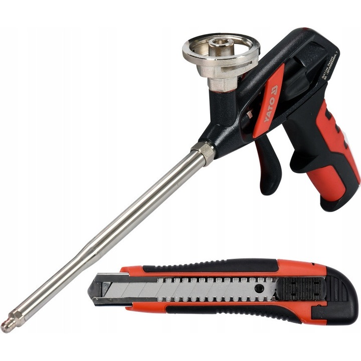 Set pistol pentru spuma montaj Yato, cu cutit cu lama rupta 18mm, aluminiu, ergonomie, utilizare in constructii