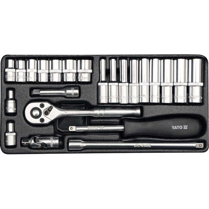 Set chei tubulare Yato YT-14421, AS-DRIVE, CrV (CrV6140/CrV50BV30), 1/4\", 4-13 mm, 23 piese, argintiu