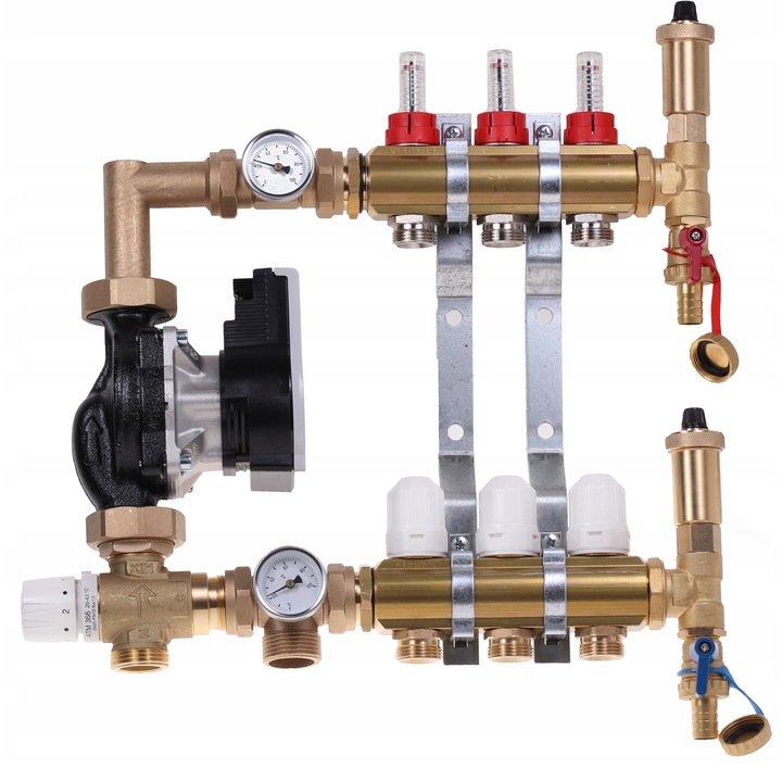 Distribuitor 16 oboare, KB, grupa pompare, 2 termostate, 1" x 50mm, mana de montaj