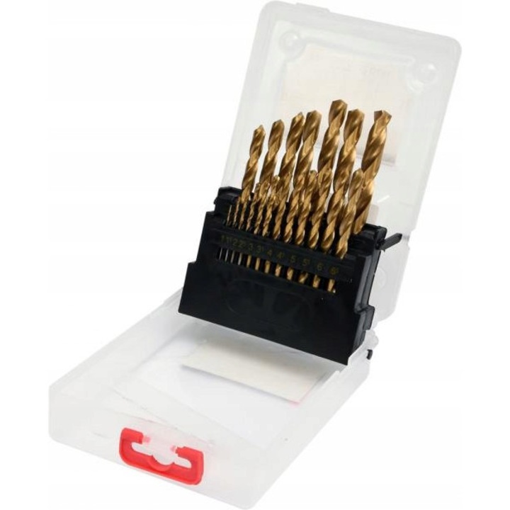 Set burghie pentru metal Yato HSS Tytan, acoperite cu nitru de titan, slefuite DIN 338, varf 135°, auriu, 1-10 mm, 19 piese