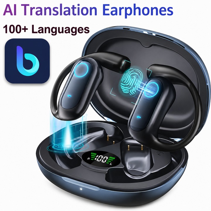 Casti Cu Translator AI Open-Ear, Traducere in Timp Real in 100+ Limbi, 6 Moduri Inteligente, Apeluri Audio/Video, Traducere Vocala, Foto si Text, Meeting Assistant, Aplicatie BitDynamic Gratuit, Bluetooth 6.1, Autonomie pana la 24 Ore, iOS/Android, Blue