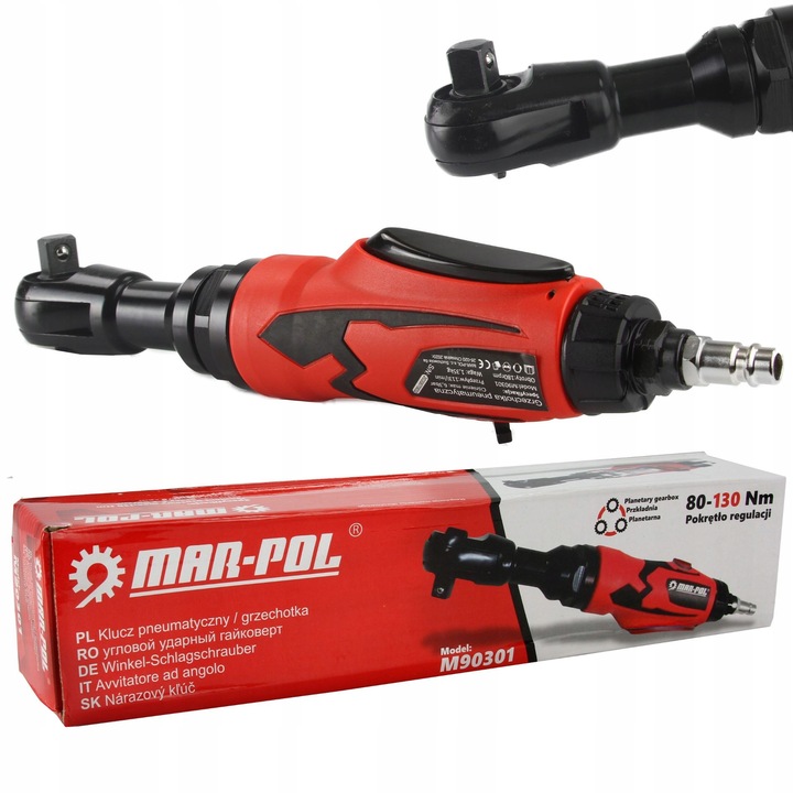 Cheie cu clichet pneumatic Mar-Pol M90301, prindere 1/2", cuplu 80-130 Nm, cutie de angrenaje planetare, presiune de lucru 6,3 bar, rosu/negru, 1 buc