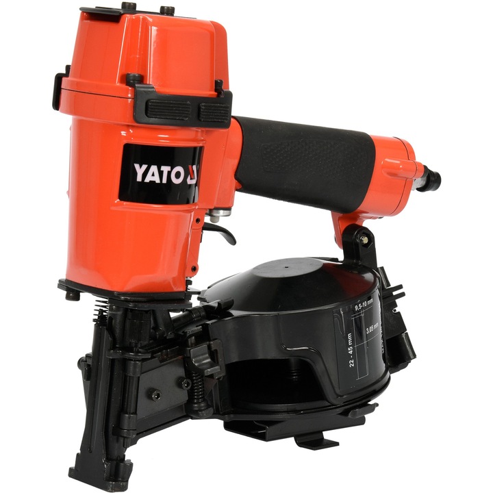Pistol pneumatic pentru cuie acoperis Yato YT-09211, pentru cuie 22-45 mm, corp din aluminiu turnat sub presiune, magazin 120 buc., incarcare laterala, reglaj forta, rosu/negru