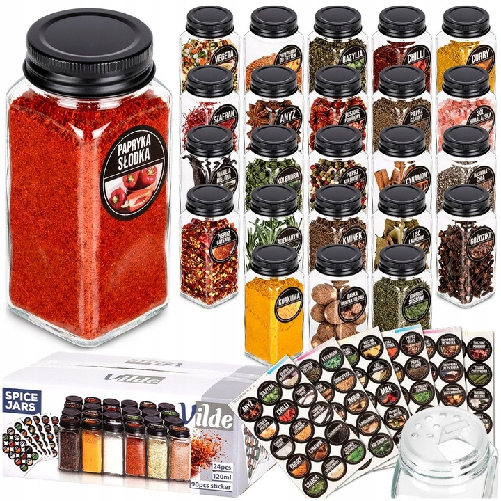 Set 24 recipiente sticla Vilde cu capac negru si etichete 4.5x4.5x10.5cm 120ml