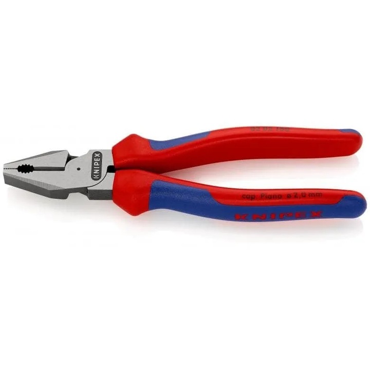 Knipex 02 02 180 univerzális/kombinált fogó, megnövelt áttétel a kisebb erőkifejtésért, kemény vágóél ~63 HRC kemény anyagokhoz, piros/kék, 1 db