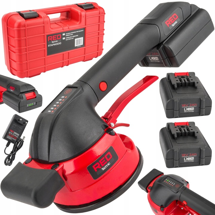 Vibrátor csempefektetéshez, RED TECHNIC, 2x 18V akkumulátor, 50 kg szívókapacitás, 120 mm átmérő, teljes készlet, fekete/piros