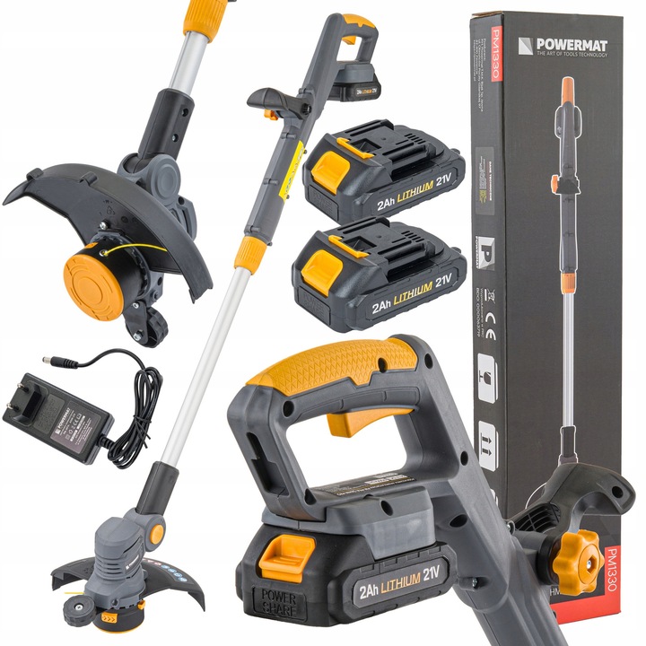 Powermat PM-PKA-2AHM-PRO elektromos fűkasza, 2x 2Ah, 21V, 230mm munkaszélesség, 84-114cm állítható magasság