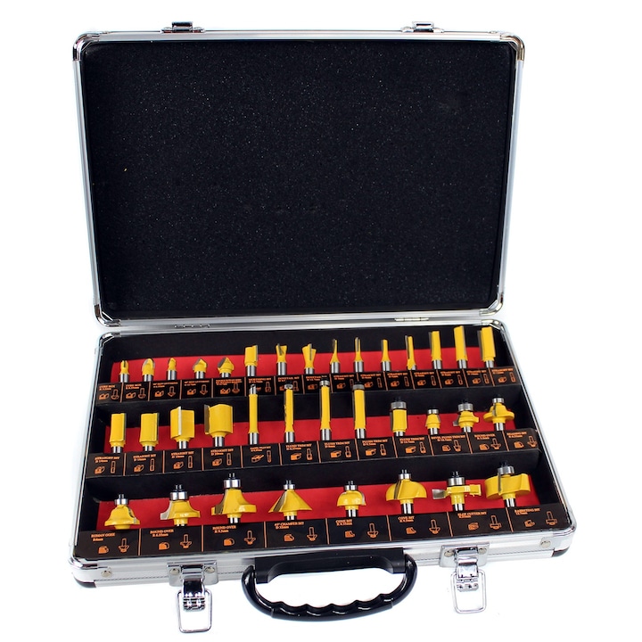 Set 35 freze pentru lemn Ondragon, 8mm, precizie 0,08mm, cutite din HSS, valiza profesionala
