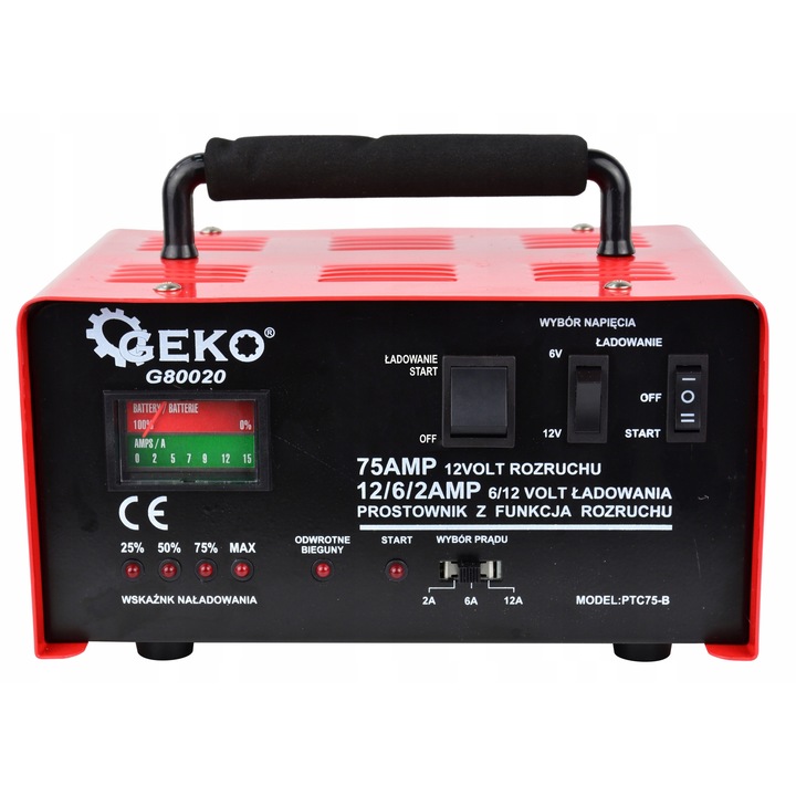 Incarcator redresor auto Geko G80020, cu functie de pornire 75A, incarcare 6V/12V (12/6/2A) pentru acumulatori 20-120 Ah, Rosu