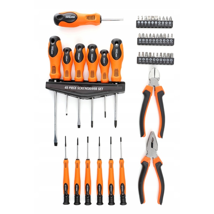 Set surubelnite, clesti si biti Kraft&Dele KD10893, din otel crom-vanadiu, varfuri magnetizate, manere cauciucate, portocaliu/negru, 45 piese