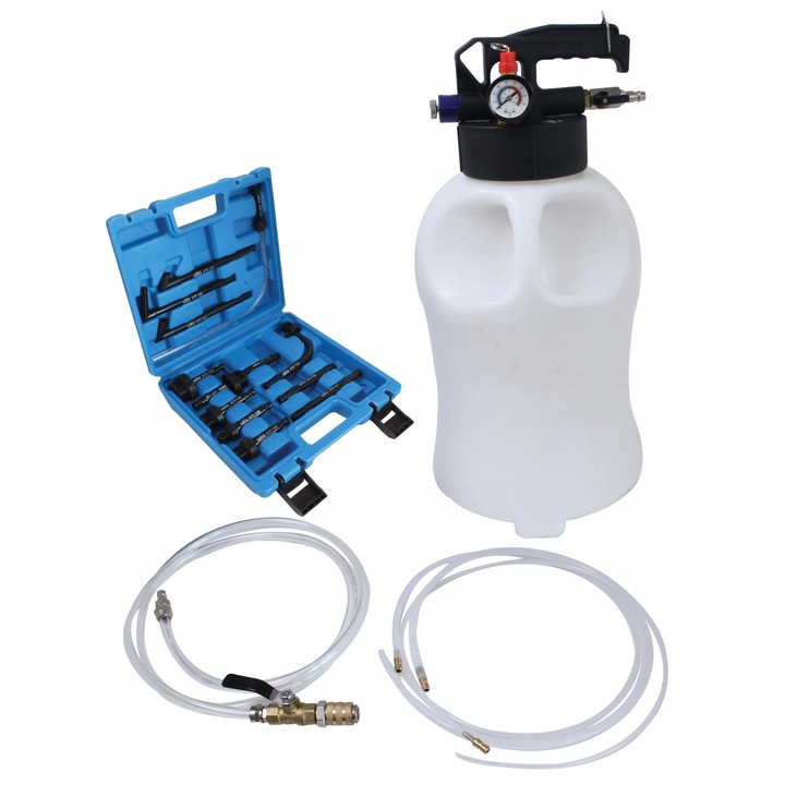 Pompa pneumatica pentru ulei automat, Satra, 10 litri, 13 adaptoare, 0-30 PSI