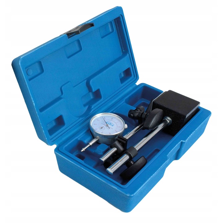 Mágneses állvány mérőórával Satra, 0-10mm, 0,01mm, komplett készlet