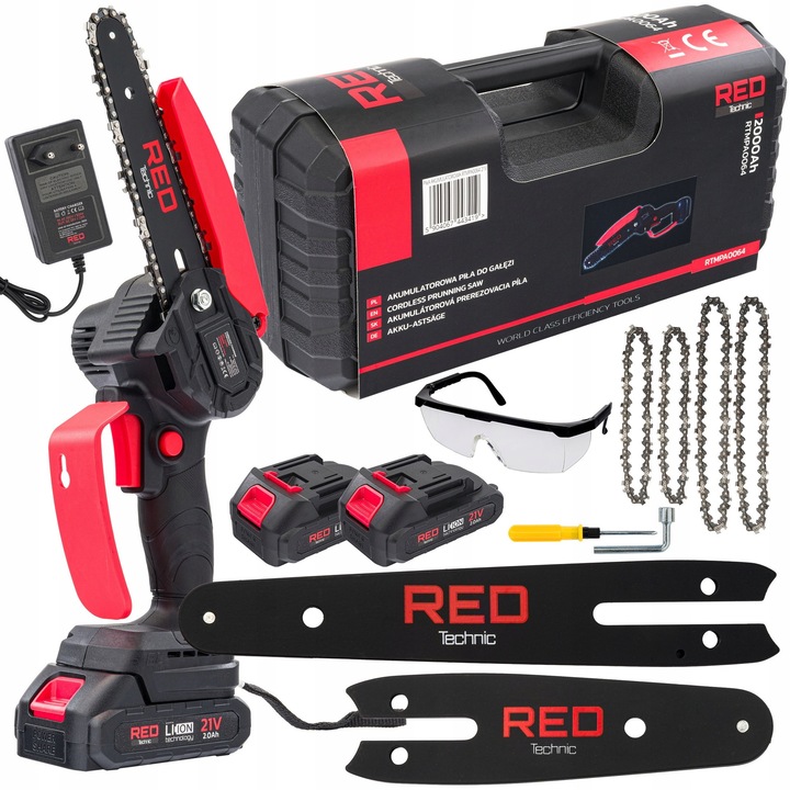 Red Technic RTMPA0064 elektromos láncfűrész, 2 db 20V akkumulátor, 4" és 6" vezető, 4 lánc