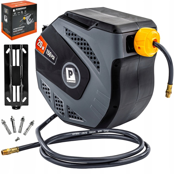 Автоматична макара за пневматичен маркуч Powermat 20м, налягане 150 PSI, стенен монтаж, 2м захранващ маркуч