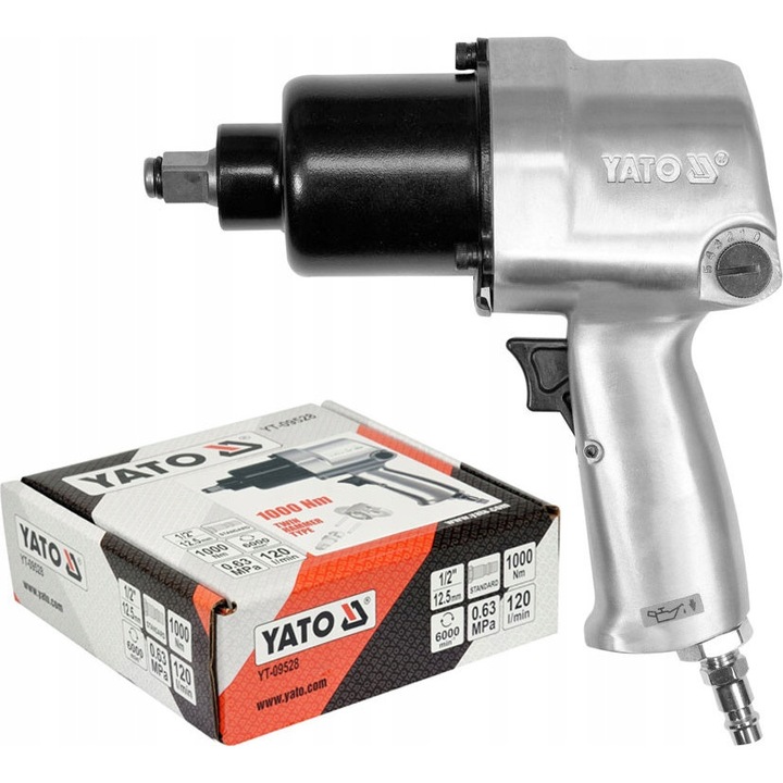 Yato YT-09528 légkulcs, 1/2" (12.7 mm) meghajtás, max. nyomaték 1000 Nm, iker kalapács mechanizmus, 5 fokozatú nyomatékszabályozás, levegőfogyasztás 120 l/perc, alumínium ház, ezüst, 1 db