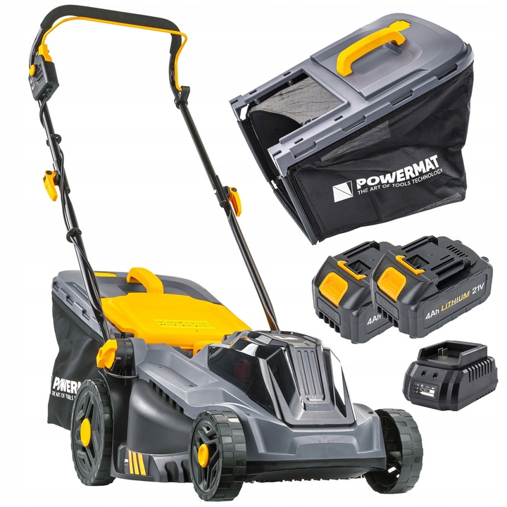 Fűnyíró, Powermat, 21V, 2x4Ah, 380mm, 42L kosár