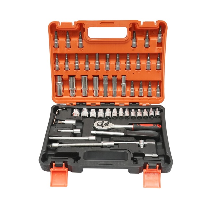 Trusa chei tubulare 53 piese, set complet cu clichet 1/4, biti si accesorii, crom vanadiu, cutie depozitare tip valiza, pentru reparatii auto si bricolaj