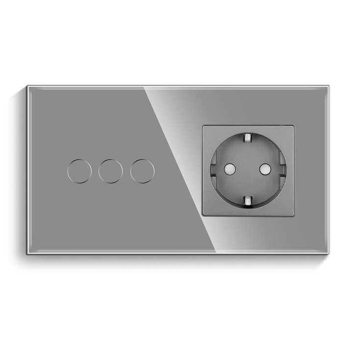 Intrerupator Tactil din Sticla Seurizata + Priza Schuko, Montaj Ingropat, LED Indicator, Gri, Triplu, 16A, 86x157mm