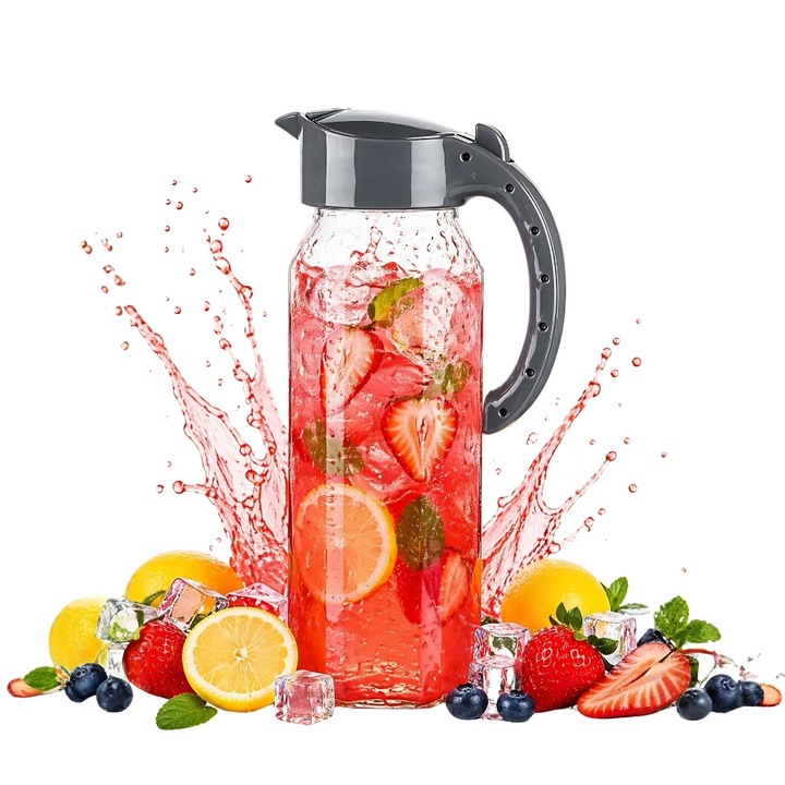 Carafa din Sticla Transparenta, GlassGlow, Capac din Plastic, Ulcior Modern, pentru Servire Apa, Sucuri si Limonada, Design Ergonomic Slim, Rezistent in Timp, Capacitate 1.5L, Masa Festiva, Transparent