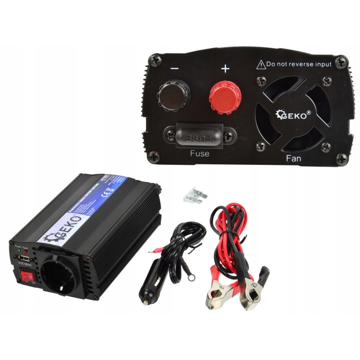 Geko 350/700W 24V/230V autós inverter, védelemmel, szett autós aljzathoz való kábellel