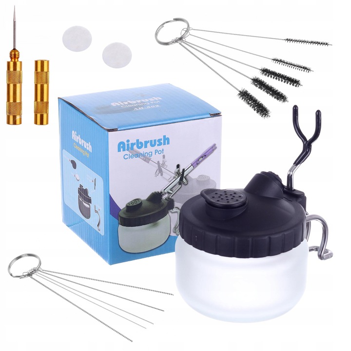 TC Technic airbrush tisztító készlet, tartály szűrővel és tartóval, komplett kefékkel, dróttal, tisztító tűvel, 4 szűrővel