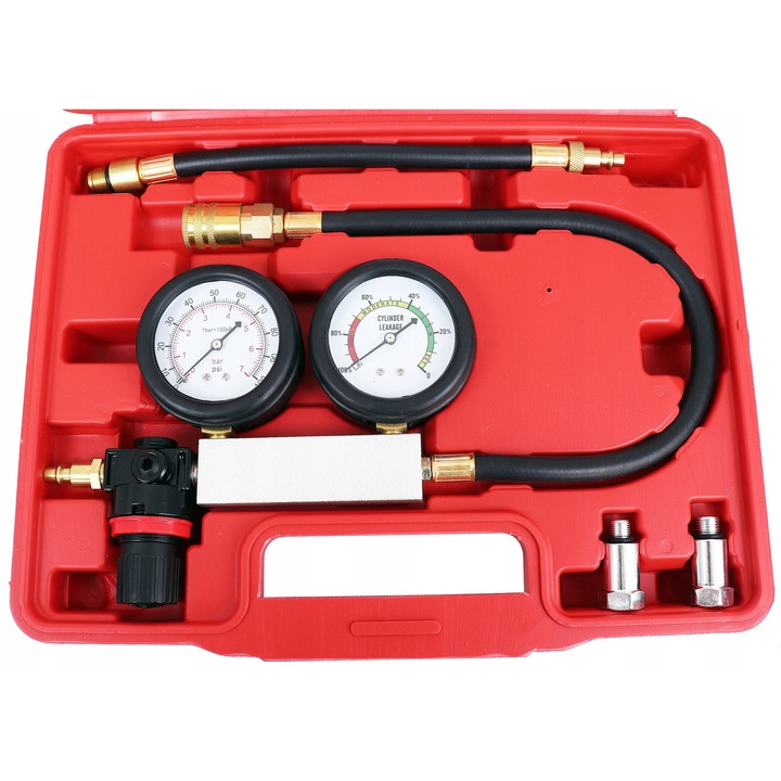 TC Technic kompresszió- és tömítettségmérő hengerhez, 0-10bar, M14x1.25 és M12x1.25 adapterekkel, 1kg