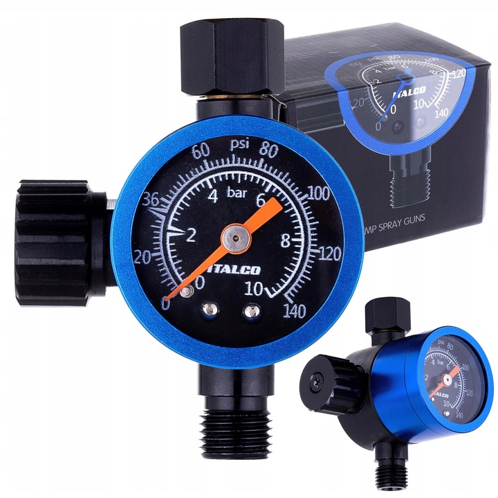 Reductor de presiune pentru pistol de vopsit Italco, model ONE, 0-10 bar, G1/4" BSP, 600 l/min, 5-60°C, negru/albastru