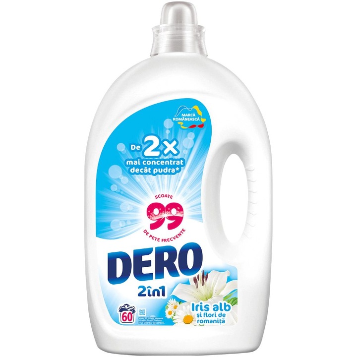 Detergent lichid automat pentru rufe Dero 2in1 Iris Alb & Flori de Romanita 3L, 60 spalari – curatare eficienta si prospetime florala