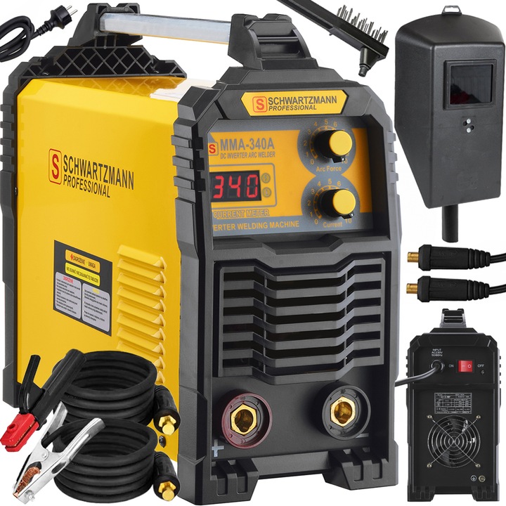 Schwartzmann IGBT inverteres hegesztőgép 340A, teljes készlet maszkkal és tartozékokkal, 20-340A, LCD, 4kg, 37x16x33cm