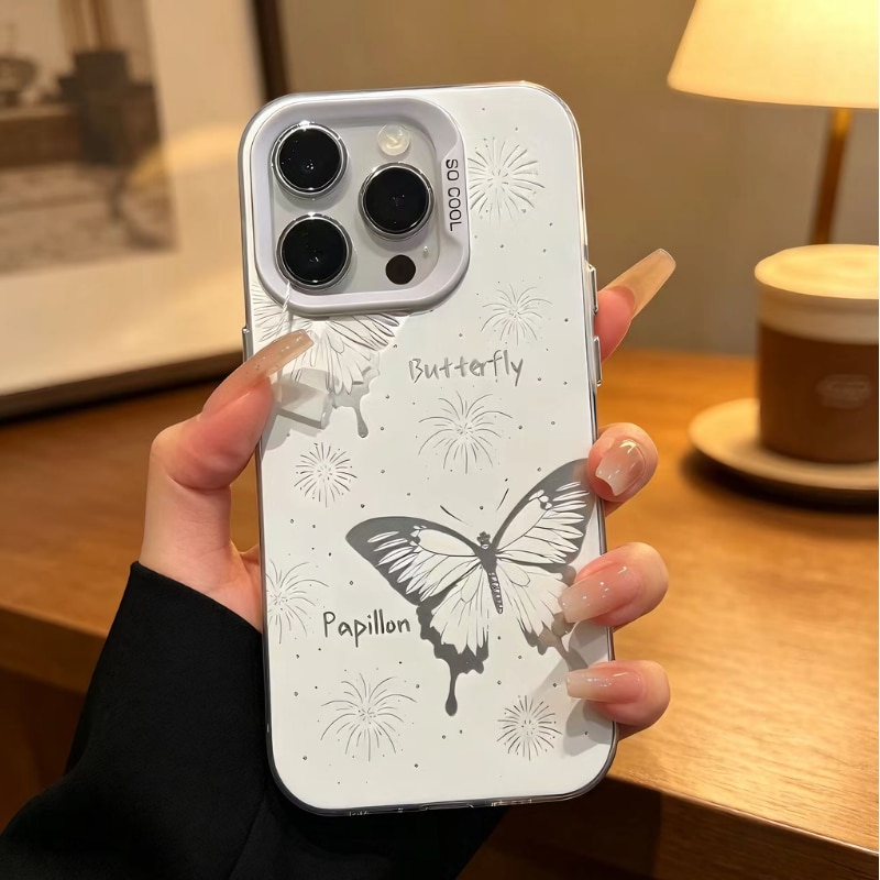 Huse pentru telefon cu motive de fluturi si artificii, tpu airshock ma la cadere, decupaj, Husa premium pentru iPhone 15, gratuit folie de protectie pentru ecran si camera, argint