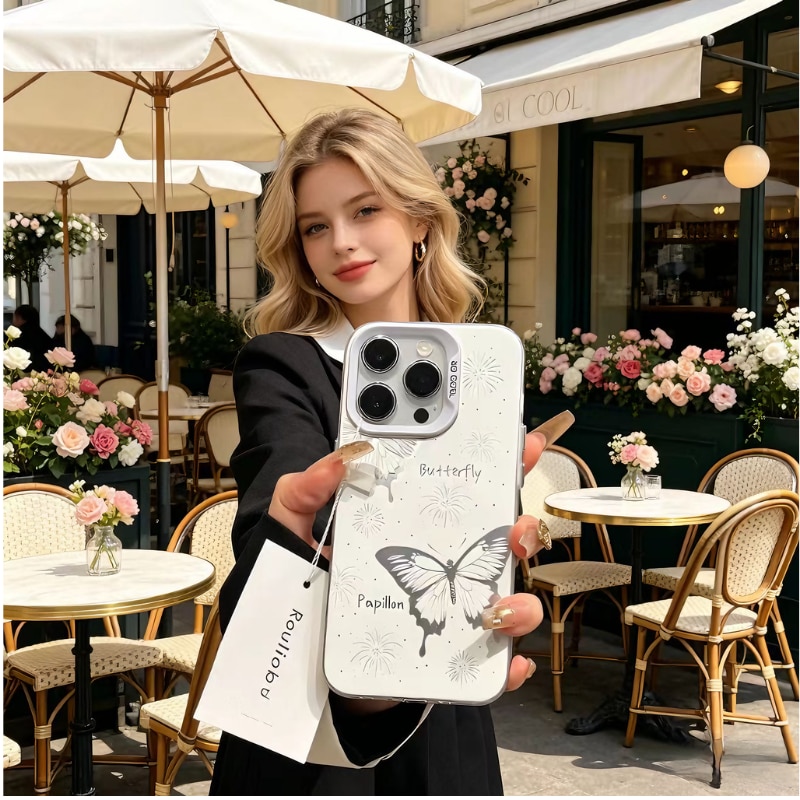 Huse pentru telefon cu motive de fluturi si artificii, tpu airshock ma la cadere, decupaj, Husa premium pentru iPhone 15, gratuit folie de protectie pentru ecran si camera, argint