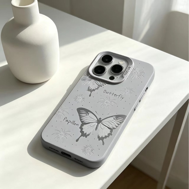 Huse pentru telefon cu motive de fluturi si artificii, tpu airshock ma la cadere, decupaj, Husa premium pentru iPhone 15, gratuit folie de protectie pentru ecran si camera, argint