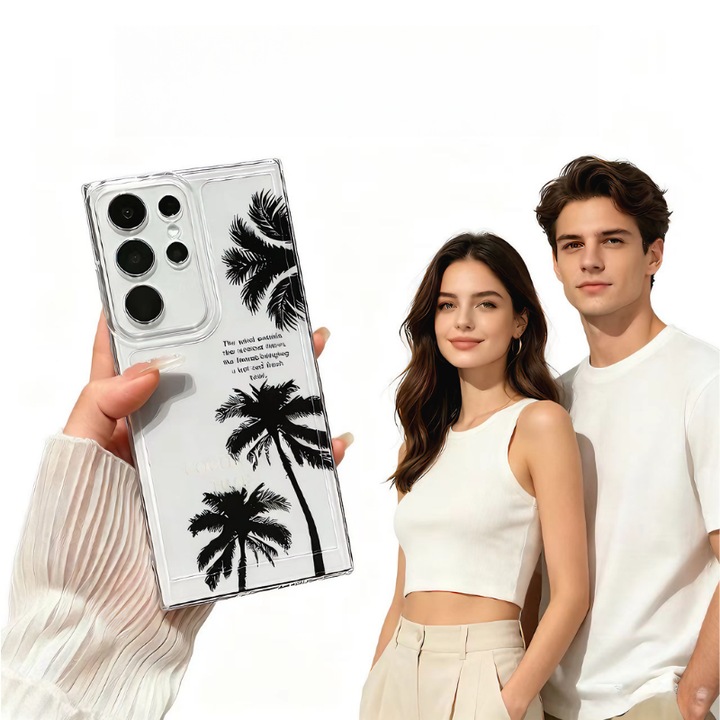 Husa subtire cu palmieri pentru Samsung Galaxy A35 5G, rezistenta la socuri, cu o folie de protectie din sticla gratuita