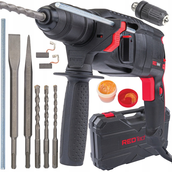 Ciocan rotopercutor, Red Technic RTMWU0094, 2600W, 4J, SDS+, set cu 3 burghie, negru/rosu