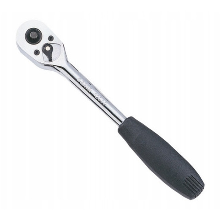 Clichet SATA ST13972, 1/2" cu eliberare rapida, reversibil, maner cauciucat, din otel CrV cromat, cromat/negru, 250 mm