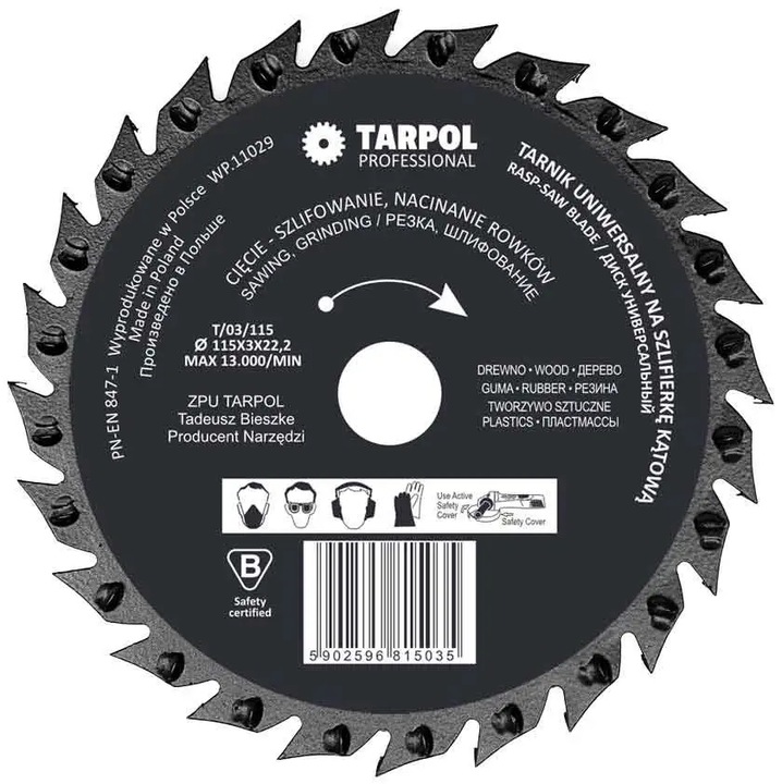 Универсален диск за ъглошлайф Tarpol T-03, 115x3x22,2мм, 13000rpm, за дърво, пластмаса, каучук, комплект