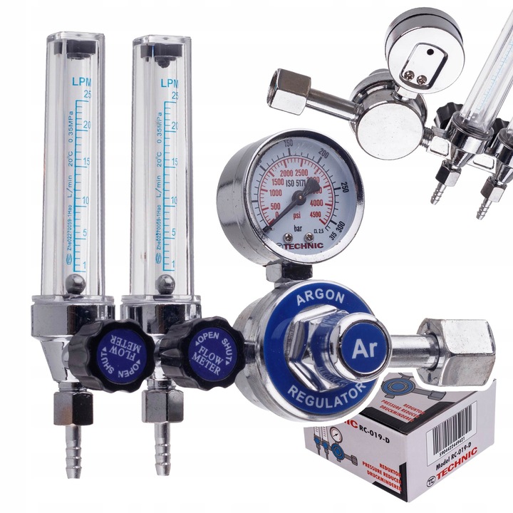 Reductor gaz CO2/Argon, TC Technic, 2x rotametru, presiune max 200 bar, argintiu