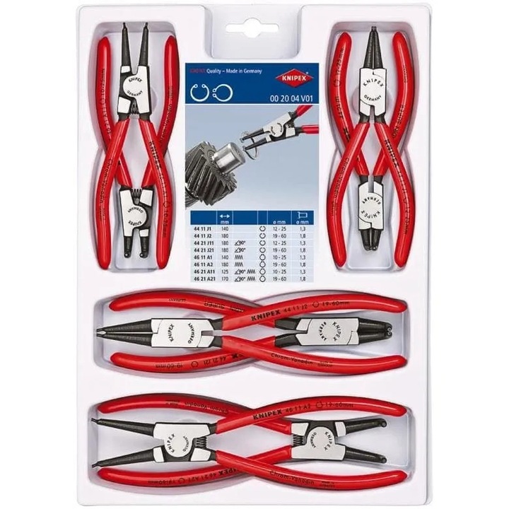 Knipex Seger gyűrű fogó készlet, 8 részes, 10-60mm méretek, 125-180mm hosszúságok