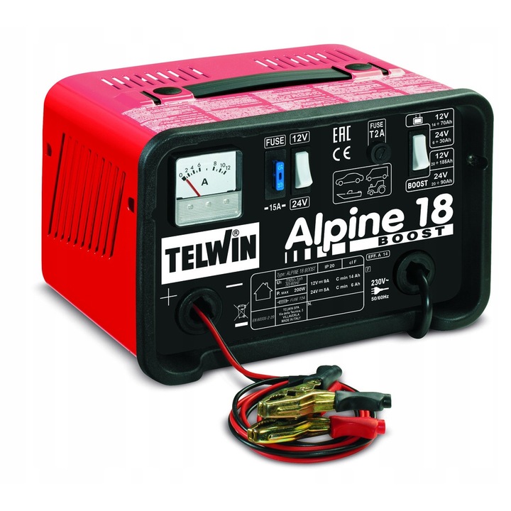 Telwin Alpine 18 Boost autó akkumulátortöltő 12-24V 14A, 200W, 3.8kg, két töltési fokozattal